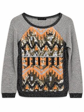 Potter’s Pot Women’s Small Gray Orange Sequin Geometric Raglan Sweater Top